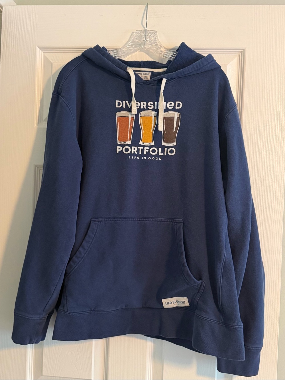 Life Is Good Navy Blue "Diversified Portfolio" Hoodie with Beer Glass Graphic